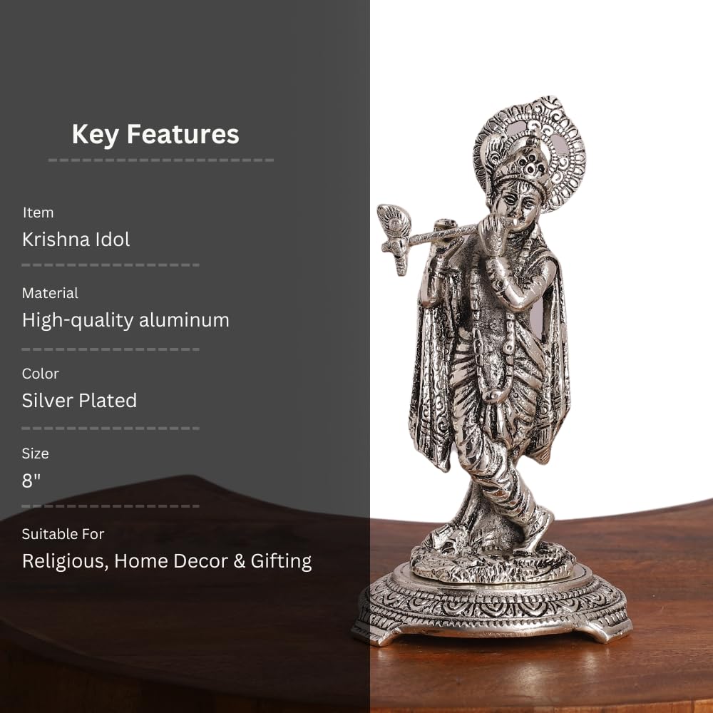 Silver Plated Krishna Playing Flute Idol – Standing Pose Statue for Mandir, Pooja & Home Decor Showpiece