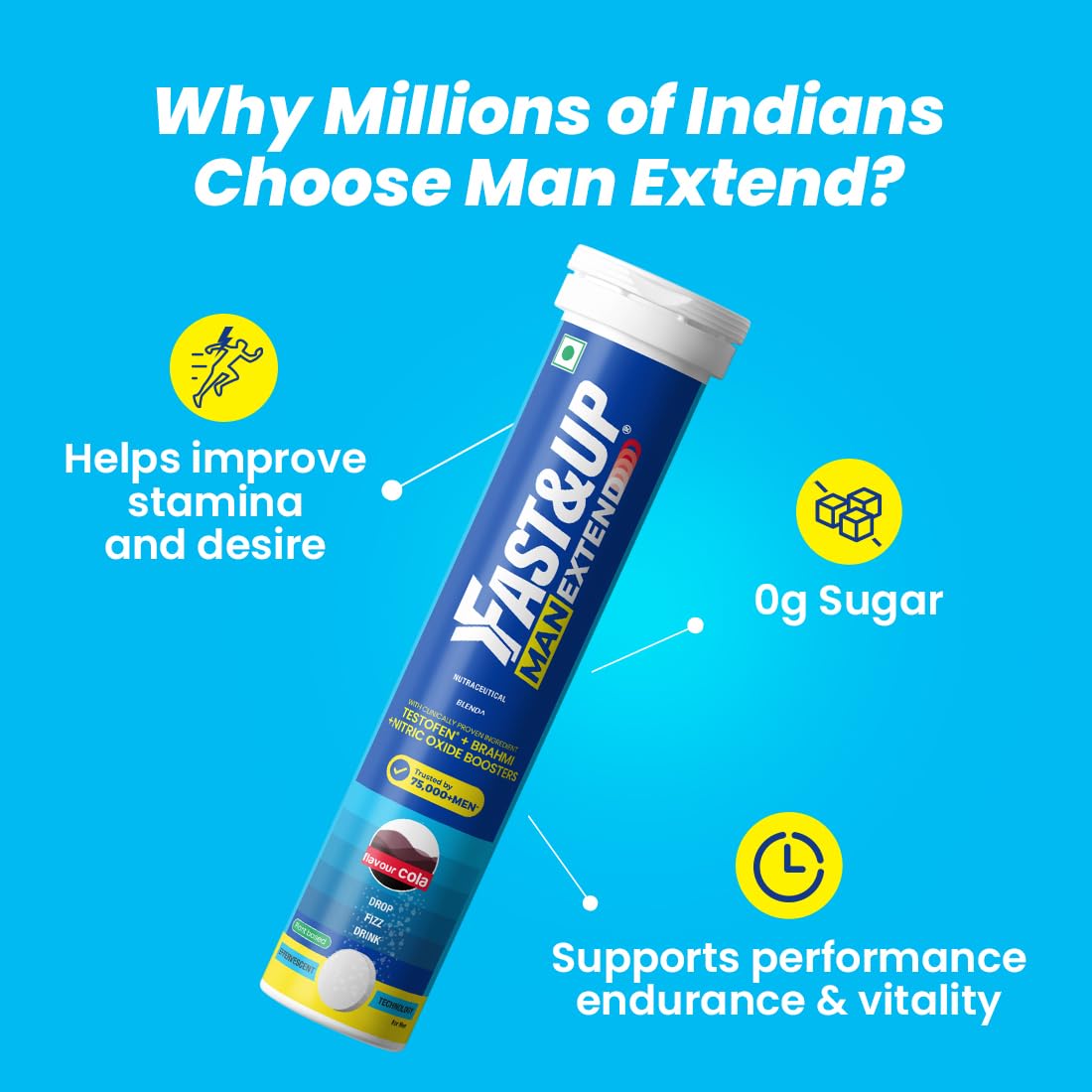 Fast&Up Man Extend | Testofen® Fenugreek Extract |Nitric Oxide Booster + Energizing Blend | Shatavari | Brahmi| Helps Improve Vitality & Stamina | Pack of 20 Effervescent (Cola Flavour)