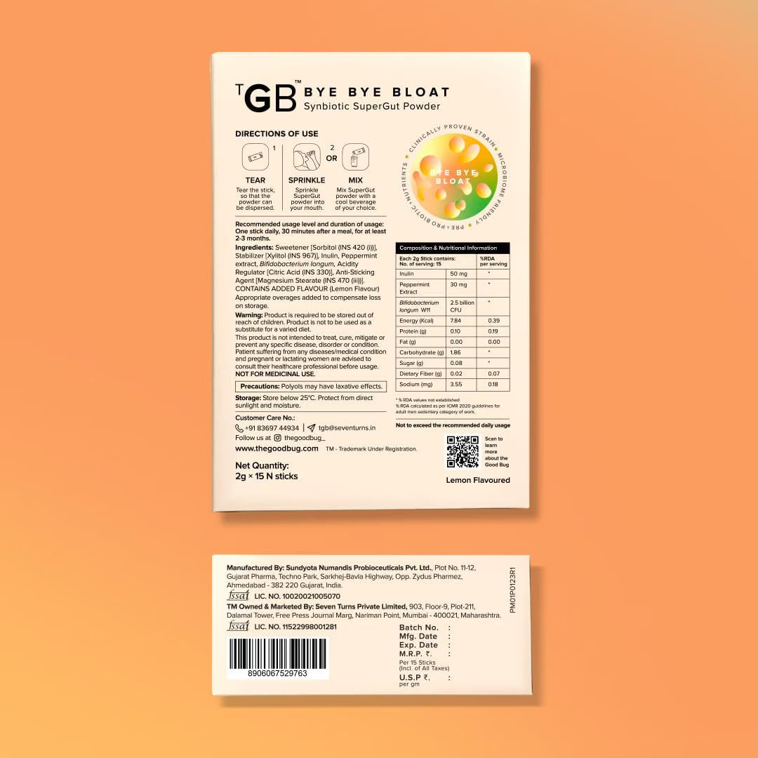 The Good Bug Bye Bye Bloat Supergut Powder For Gut Health & Strong Digestion | Pre & Probiotic Supplement | Helps With Bloating, Gas & Heartburn | 2.5 Billion Cfu Of Clinically Proven | 15 Days Pack