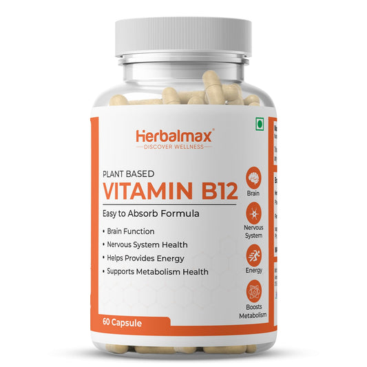 Herbalmax Plant-Based Vitamin B-12 2.2mcg – 60 Veg Capsules | Boost Energy & Metabolism, Supports Healthy Nervous System, Brain Function, Mental Clarity & Focus for Men & Women