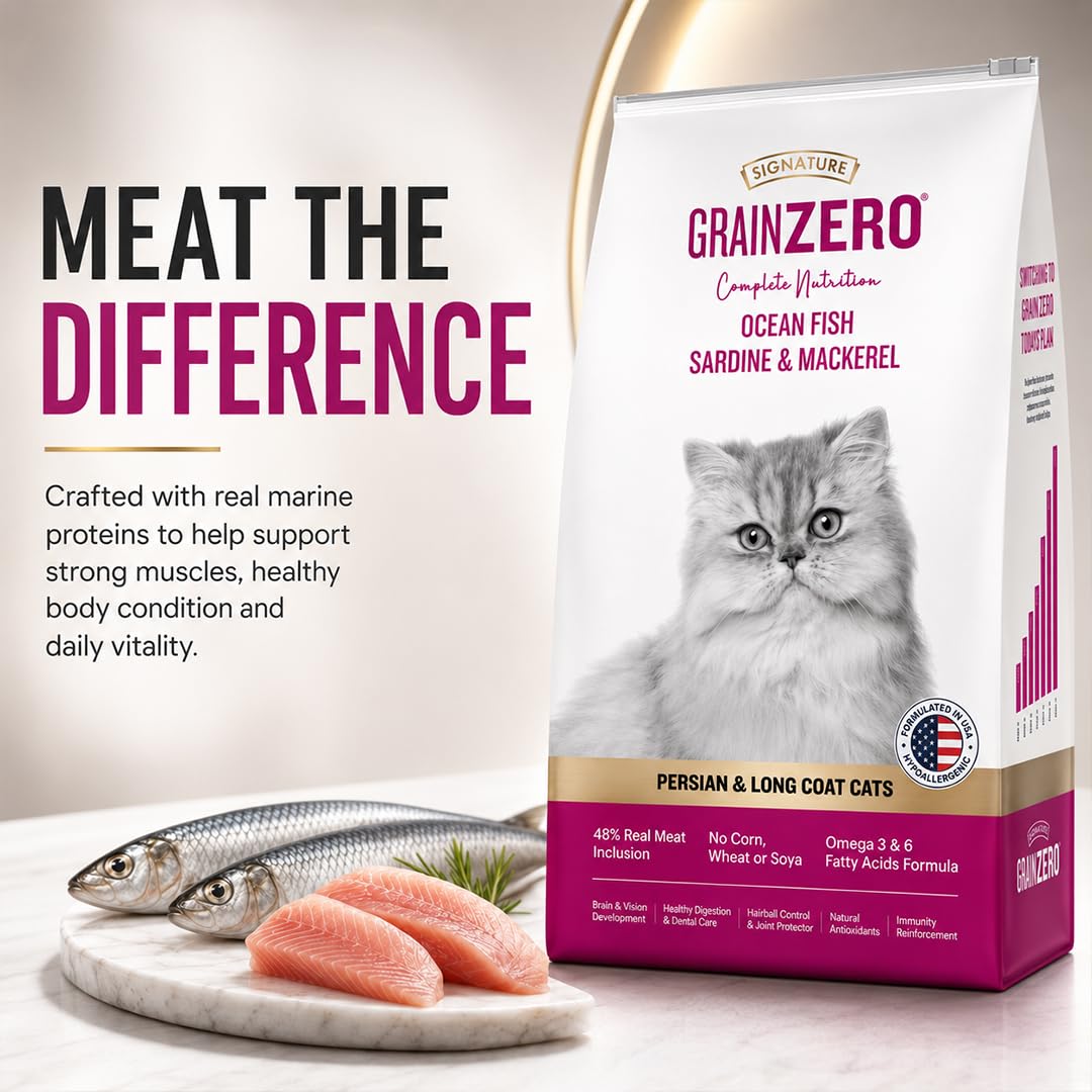 Grain Zero Persian Dry Cat Food 400g | Ocean Fish, Sardine & Mackerel | 48% Fresh Fish Inclusion, No Grain Formula, Gluten- Free, Hairball Control | for Persian & Long Coat Cats, All Life Stages