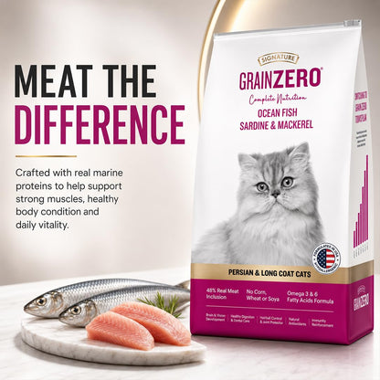 Grain Zero Persian Dry Cat Food 400g | Ocean Fish, Sardine & Mackerel | 48% Fresh Fish Inclusion, No Grain Formula, Gluten- Free, Hairball Control | for Persian & Long Coat Cats, All Life Stages
