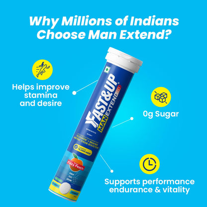 Man Extend supplement tube with features on a blue background
