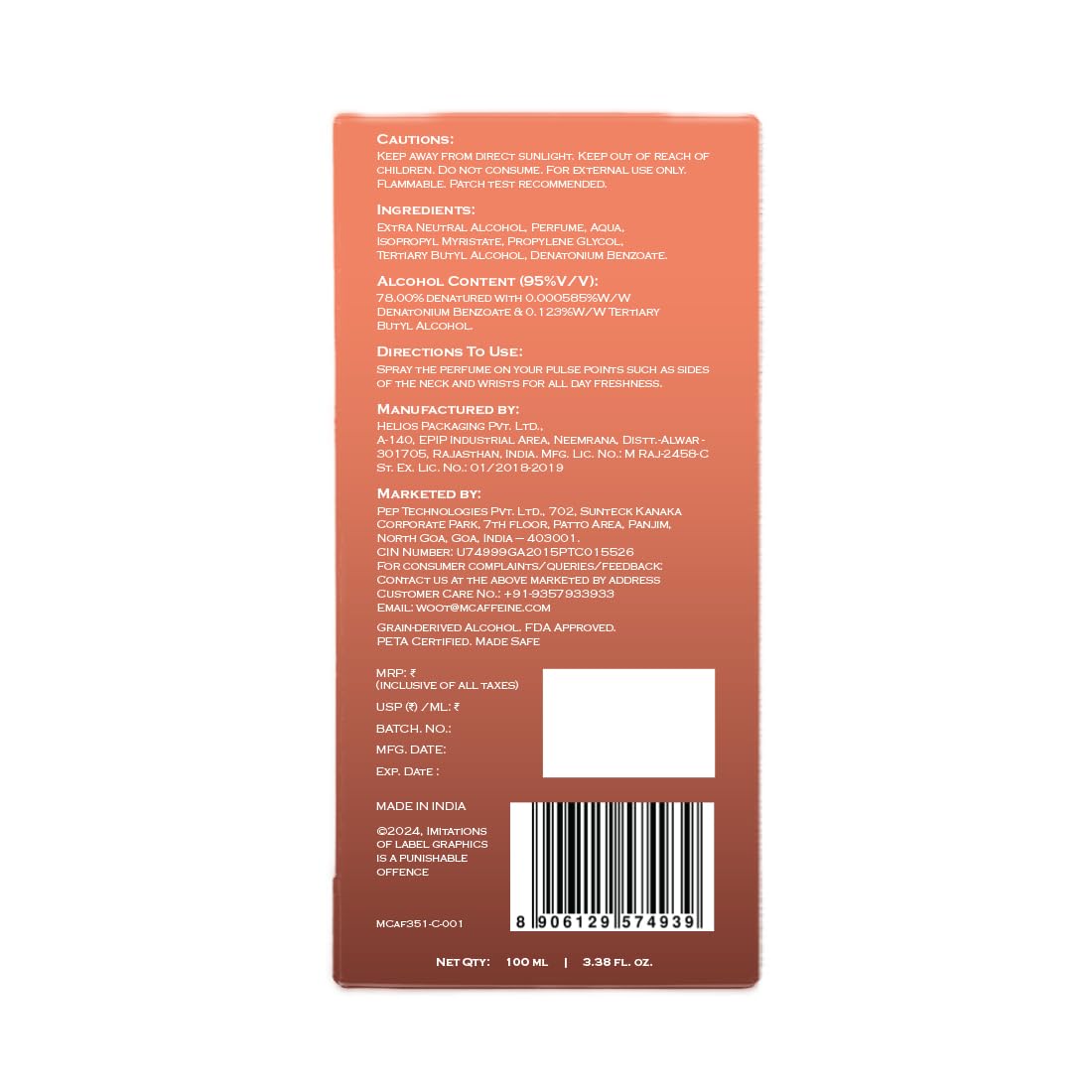 Back label of a perfume bottle with text and a barcode on an orange background