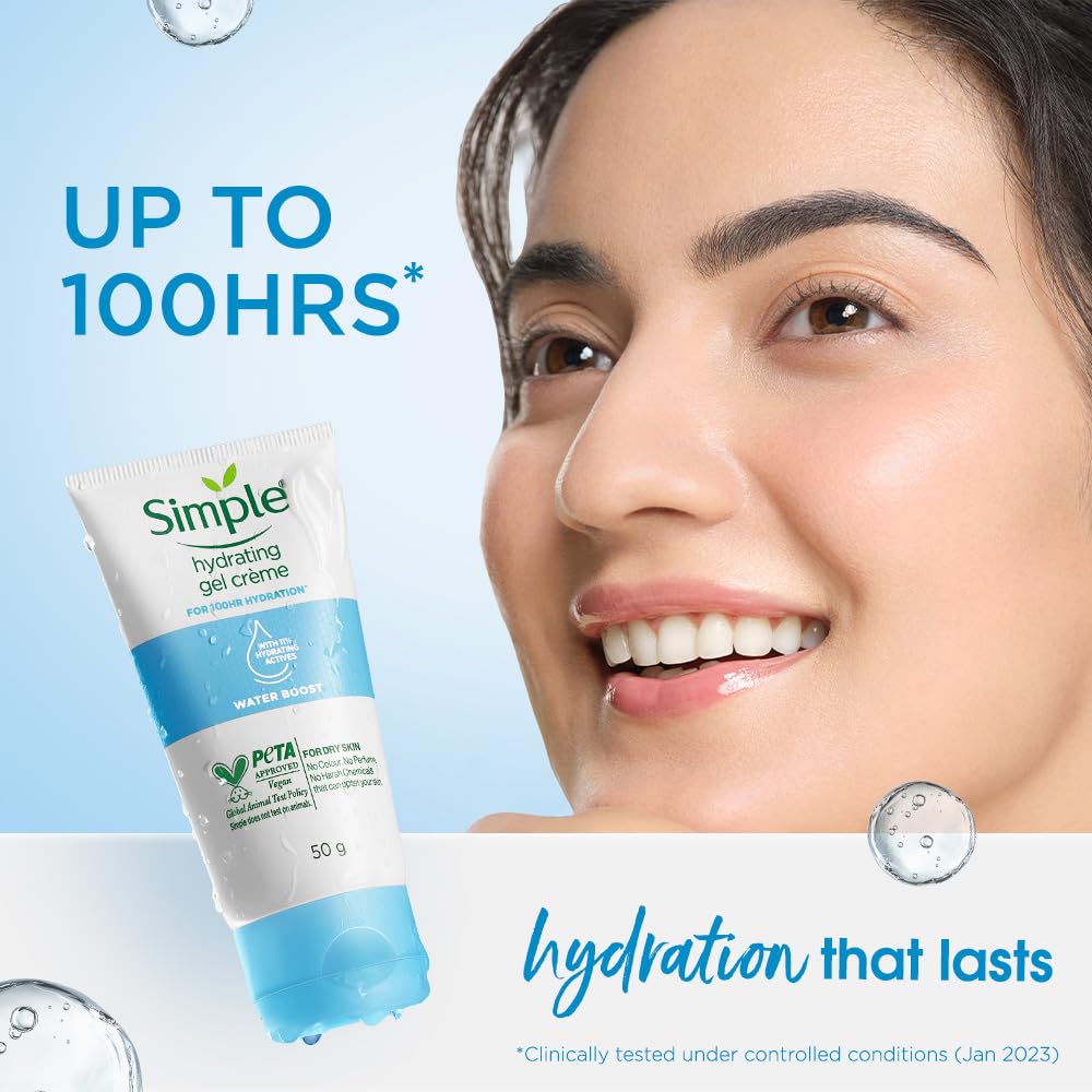 Woman with a tube of Simple hydrating gel crème against a light blue background