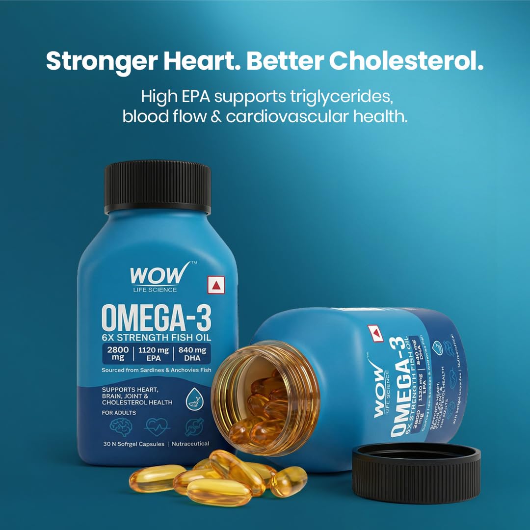 WOW Life Science Omega‑3 6X Strength Fish Oil Softgel Capsules | 2800 mg Fish Oil with 1120 mg EPA & 840 mg DHA | Supports Heart, Brain & Joint Health | Sourced from Sardines & Anchovies | 30 Softgel Capsules