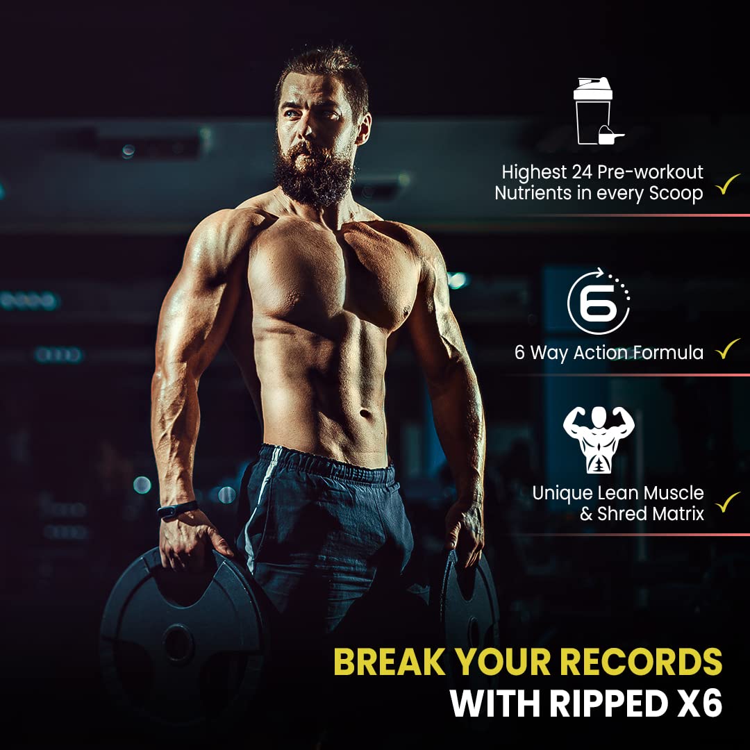 Muscular man holding weights with Ripped X6 supplement product details on a dark background