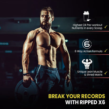 Muscular man holding weights with Ripped X6 supplement product details on a dark background