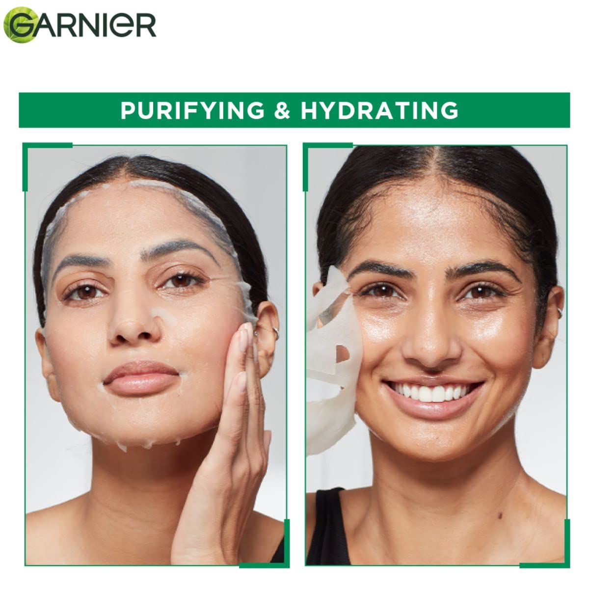 Garnier skincare product advertisement showing a woman with a clean face and another with moisturized skin.