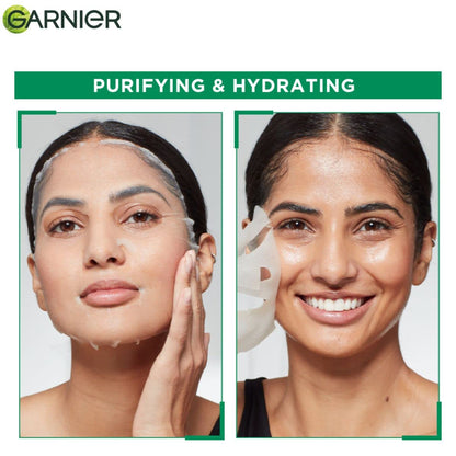 Garnier skincare product advertisement showing a woman with a clean face and another with moisturized skin.