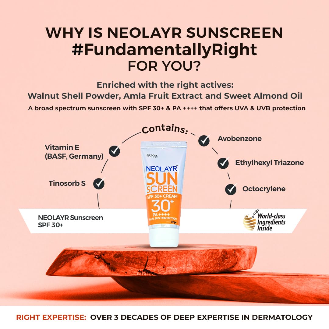 NEOLAYR Sunscreen SPF 30+ I UVA & UVB Protection I Light weight I 96.7% Sun Protection | All Skin type, 50 gm Cream