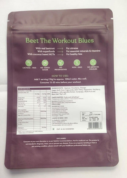 Cosmix Pure Plant Pre-Workout | Caffeine-Free Energy&Endurance | Muscle Recovery | 60g (50 Servings) | Beetroot Nitrates & Coconut Mcts | No Preservatives/Added Sugar | Plant Based | 200g Pack, Powder