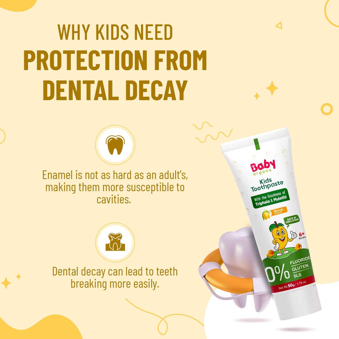 BabyOrgano Ayurvedic Kids Toothpaste for 6+ Months | Mango Flavour | Babool, Mulethi, Triphala & Khadir | Strengthens Gums & Cavity Prevention | Fluoride & SLS Free | FDCA Approved | 50g (Pack of 1)