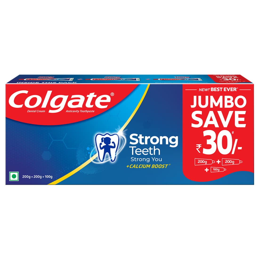 Colgate Strong Teeth Cavity Protection Toothpaste, Colgate Toothpaste with Calcium Boost, 500gm Saver Pack, India's No.1 Toothpaste & Colgate Visible White O2 Toothbrush - 2pcs