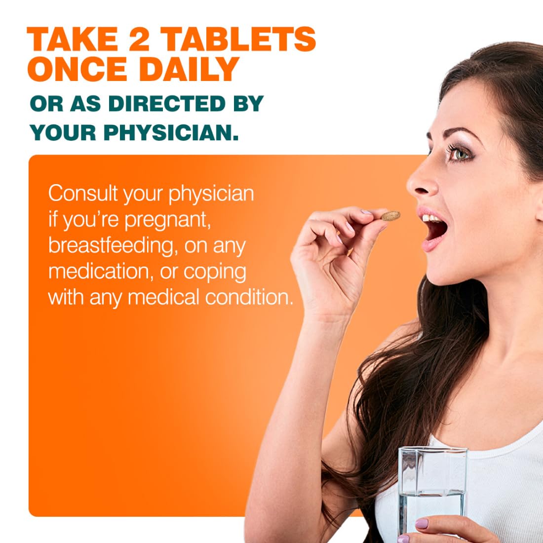 Woman taking a pill with text about medication instructions on an orange and white background