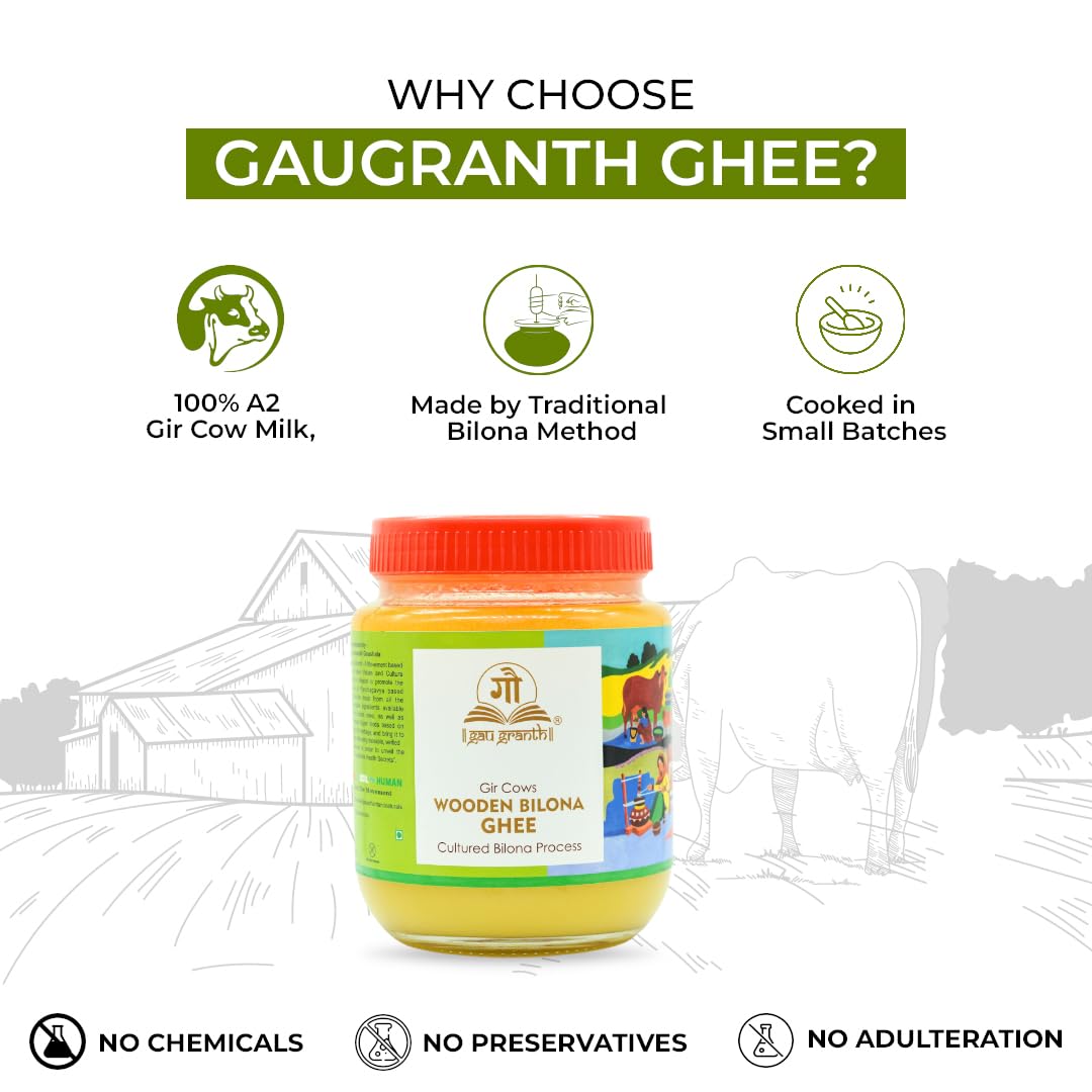 cow ved GauGranth A2 Gir Cow Ghee – 1 Ltr | Traditional Wooden Bilona Desi Ghee | Hand-Churned from Grassfed A2 Gir Cow Milk | 100% Pure, Natural & Healthy | Vedic Method | Glass Jar Packaging