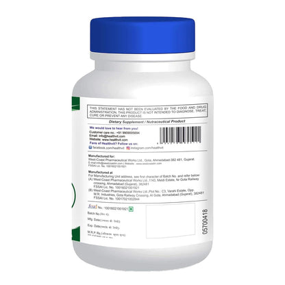 Supplement bottle with blue cap and white label on a white background