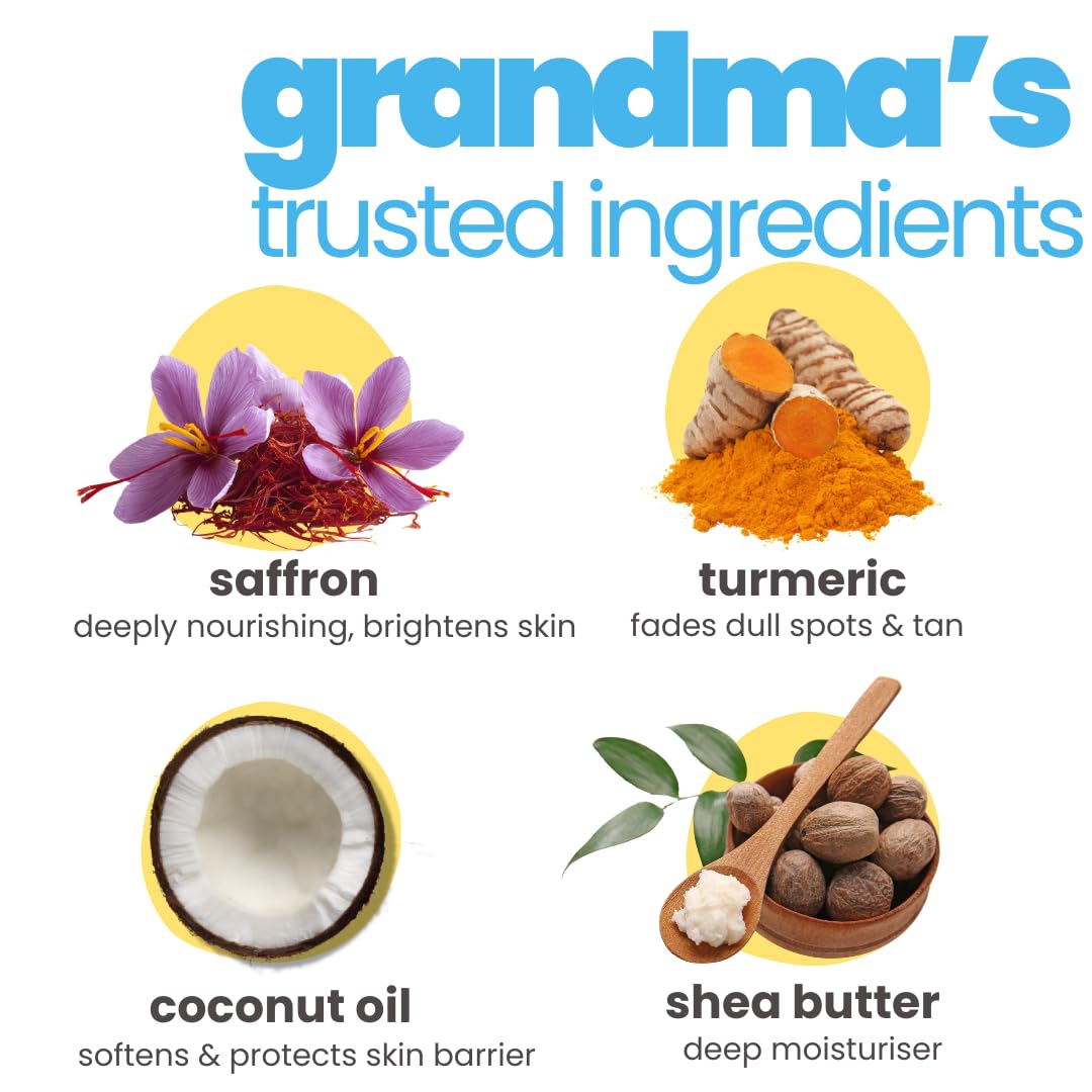 Illustration of 'grandma's trusted ingredients' with saffron, turmeric, coconut oil, and shea butter.