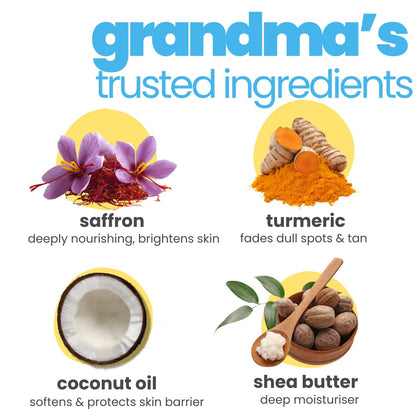 Illustration of 'grandma's trusted ingredients' with saffron, turmeric, coconut oil, and shea butter.