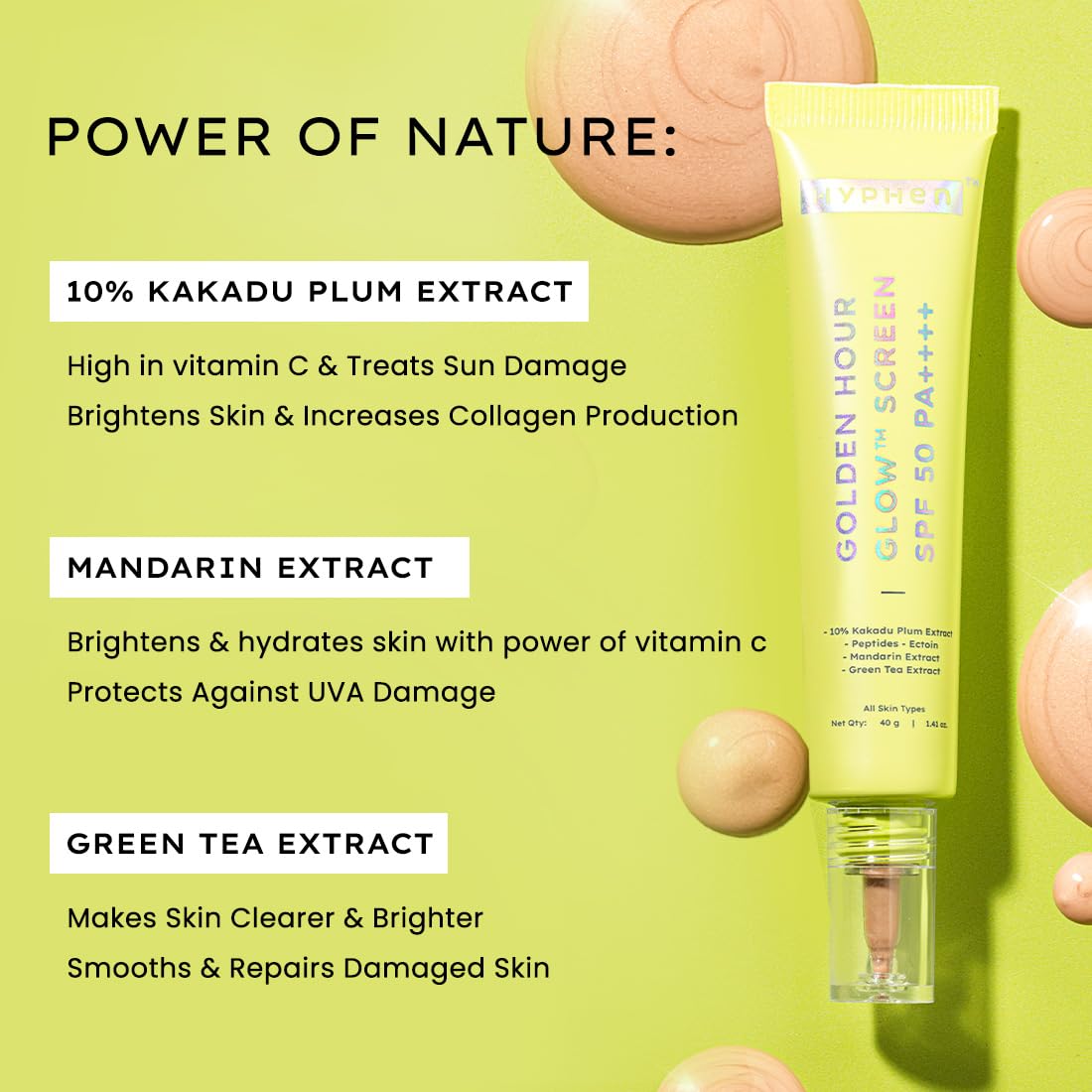 Skincare product with ingredients listed on a green background
