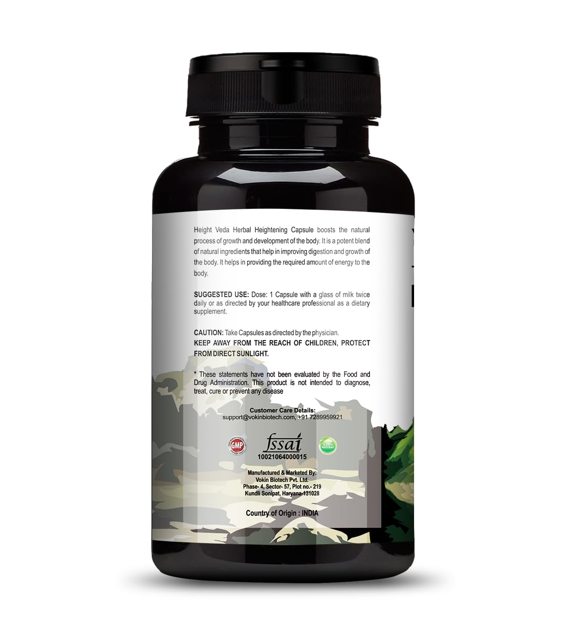 Black supplement bottle with label on a white background