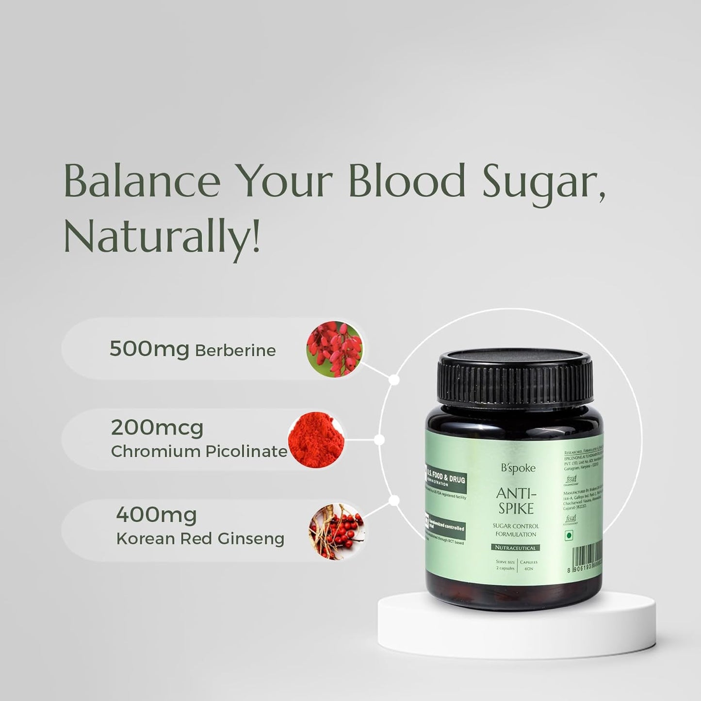 B'spoke Anti-Spike | Advanced Diabetes Support for Blood Sugar Control & Insulin Sensitivity | Enriched with Berberine, Chromium Picolinate, and Korean Red Ginseng