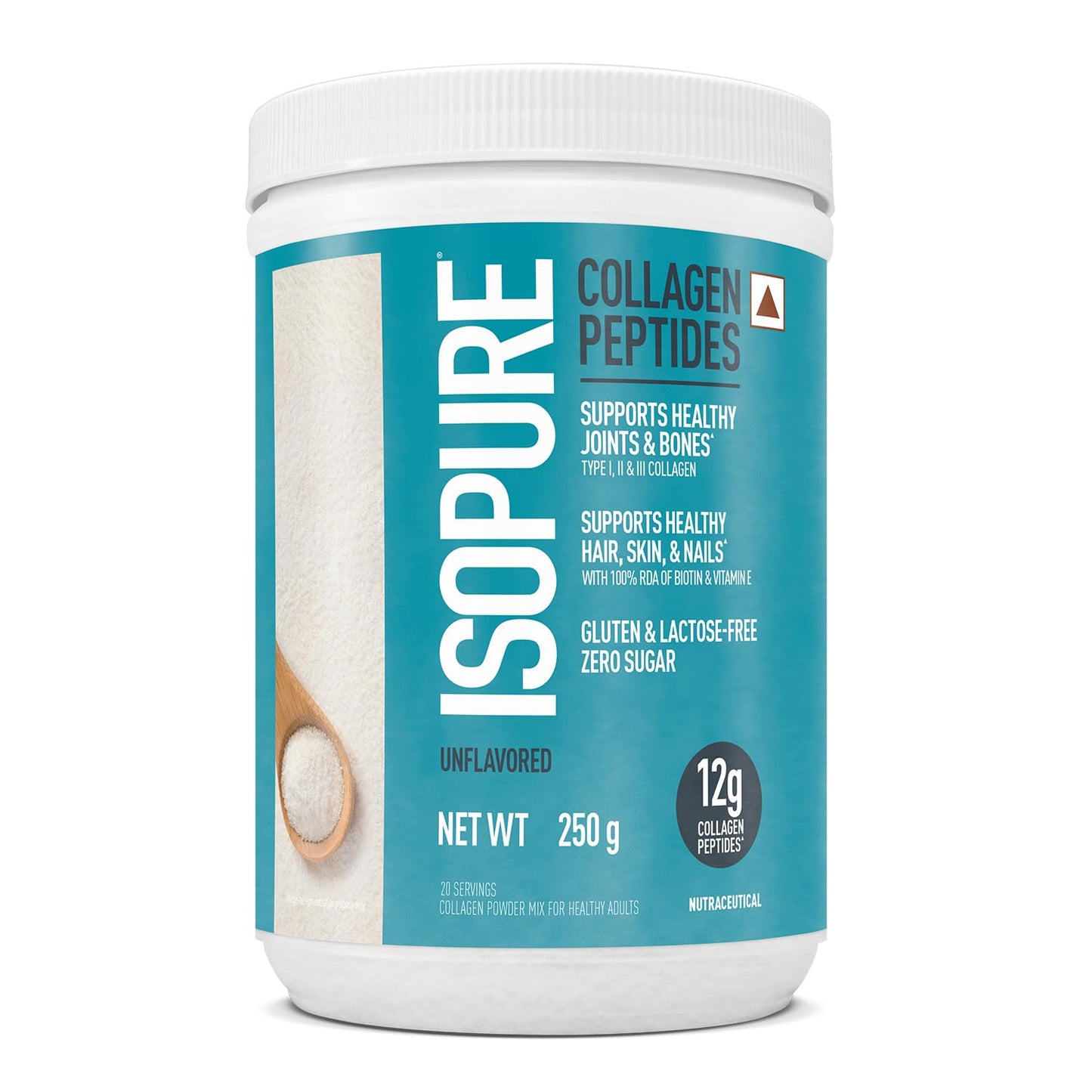 Isopure collagen peptides container on a white background