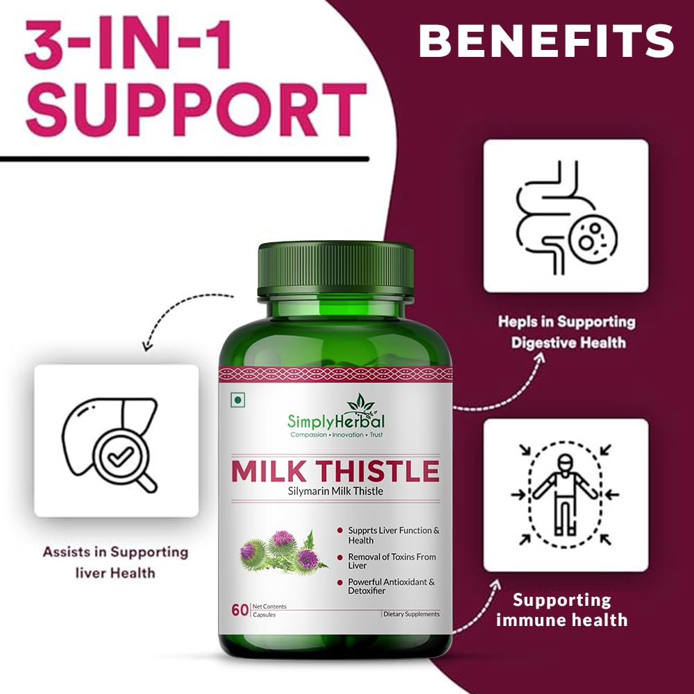 Green bottle of SimplyHerbal Milk Thistle supplement with benefits listed on a white and purple background
