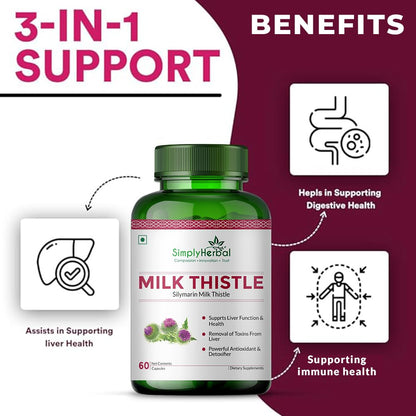 Green bottle of SimplyHerbal Milk Thistle supplement with benefits listed on a white and purple background
