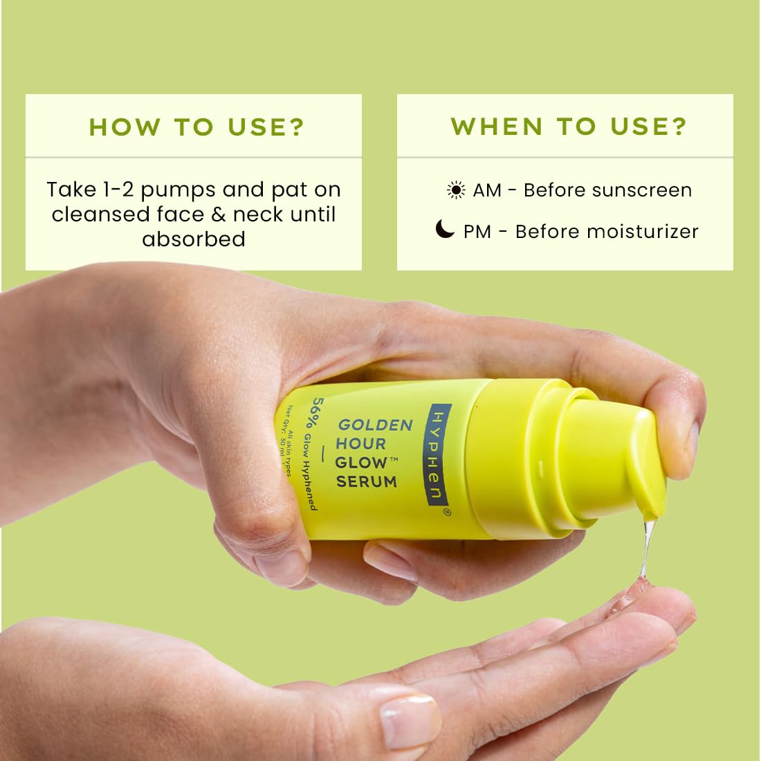 Hand holding a yellow serum bottle with text on how to use and when to use it against a green background.