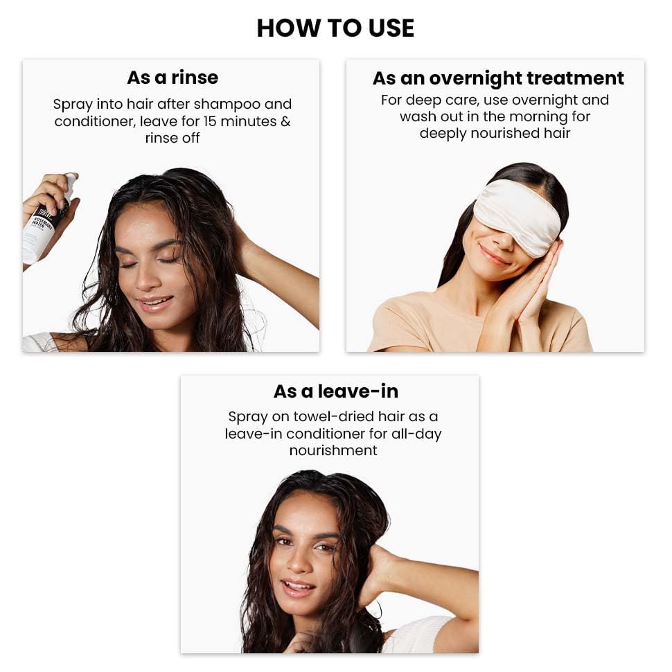 Instructions on how to use a hair care product with images of a woman applying it.