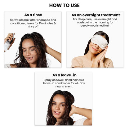 Instructions on how to use a hair care product with images of a woman applying it.