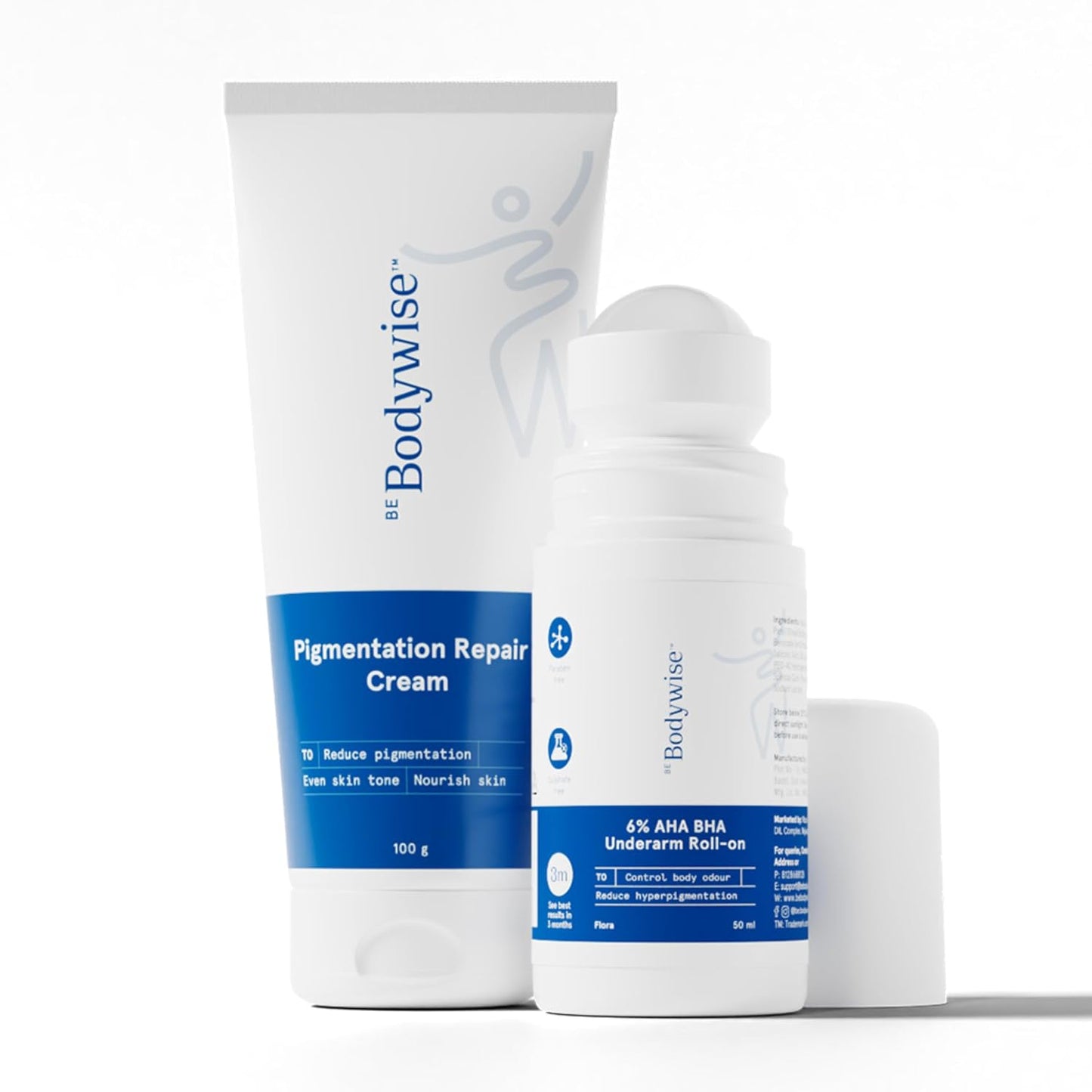 Be Bodywise Advanced Pigmentation Kit | With 6% AHA BHA Flora Underarm Roll-On (50ml) & Pigmentation Repair Cream (100g) | Reduces Body Odor, Fades Pigmentation & Corrects Uneven Skin Tone