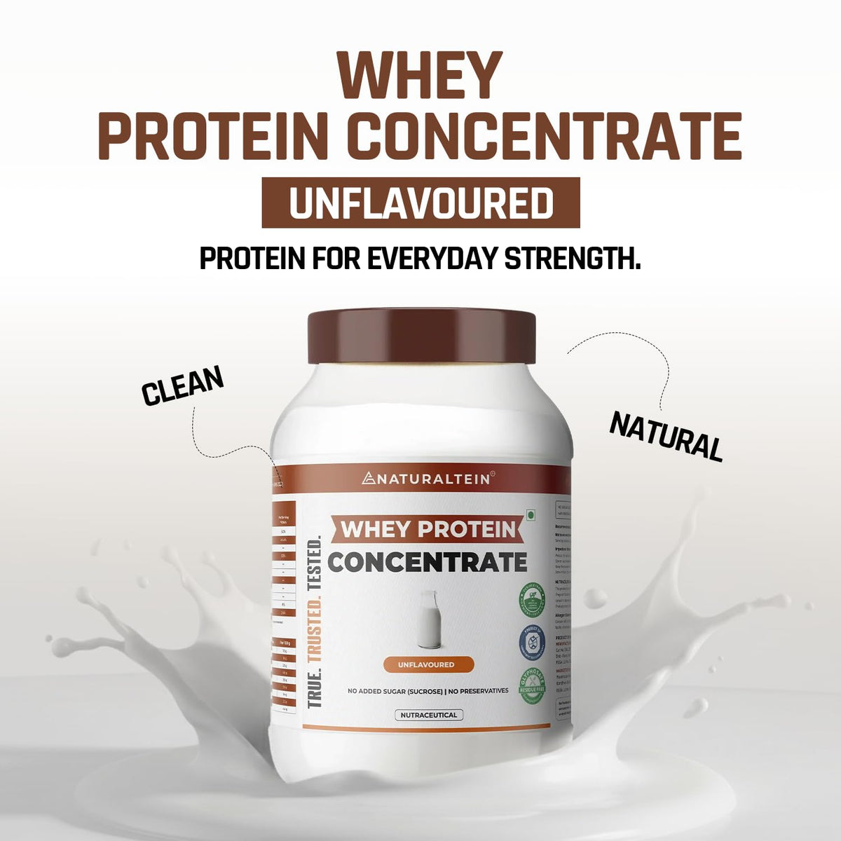 Whey protein concentrate container with branding and product details on a white background