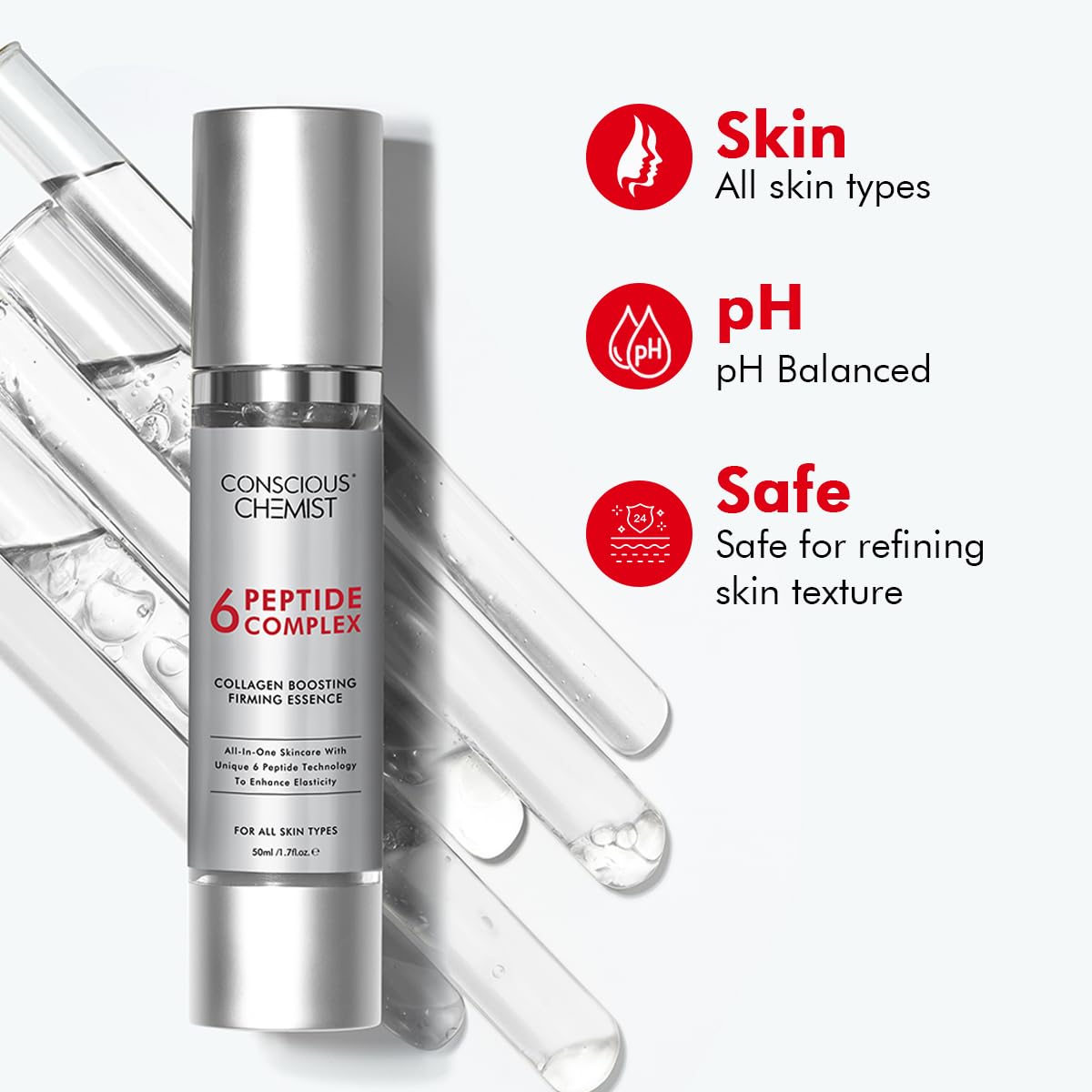Skincare serum bottle with 'Conscious Chemist' branding on a white background, featuring product benefits.