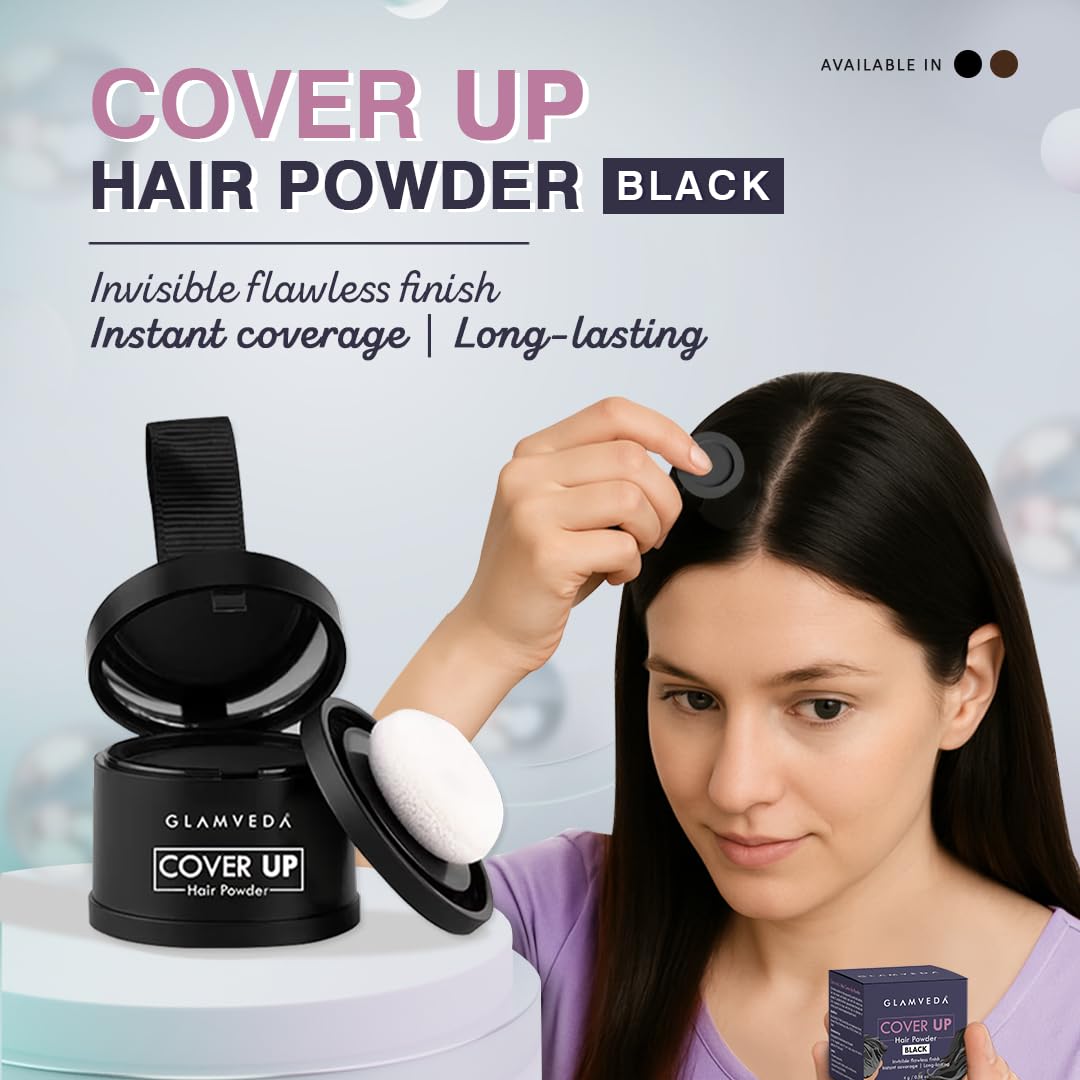 Glamveda Cover-Up Hair Powder Black | Instantly Covers Grey Roots, Bald Spots & Thinning Hair | Hairline Filler for Fuller & Denser Looking Hair | Highly Pigmented Matte Finish | Long-Lasting Coverage | 4g