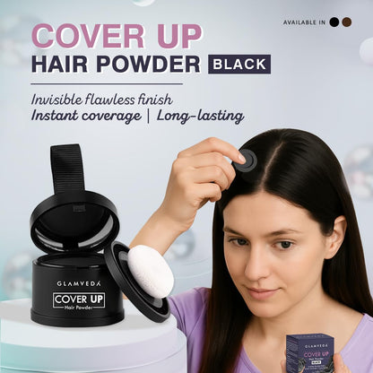 Glamveda Cover-Up Hair Powder Black | Instantly Covers Grey Roots, Bald Spots & Thinning Hair | Hairline Filler for Fuller & Denser Looking Hair | Highly Pigmented Matte Finish | Long-Lasting Coverage | 4g