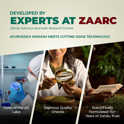 Advertisement for a product developed by experts at ZAARC, featuring images of lab work and Ayurvedic practices.