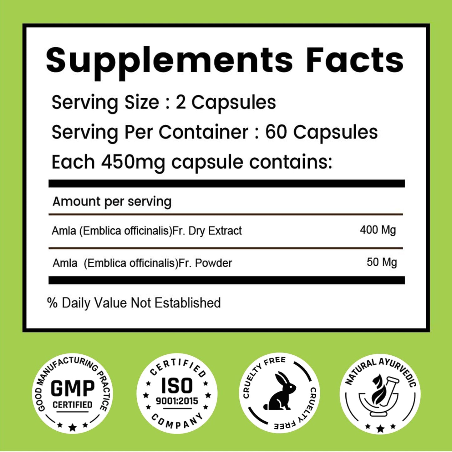 Amla Capsules 60_ Organic Hair Growth & Vitamin C Herbal Supplement Antioxidant Immunity Enhancer Natural Source of Vitamin C (Pack of 1)