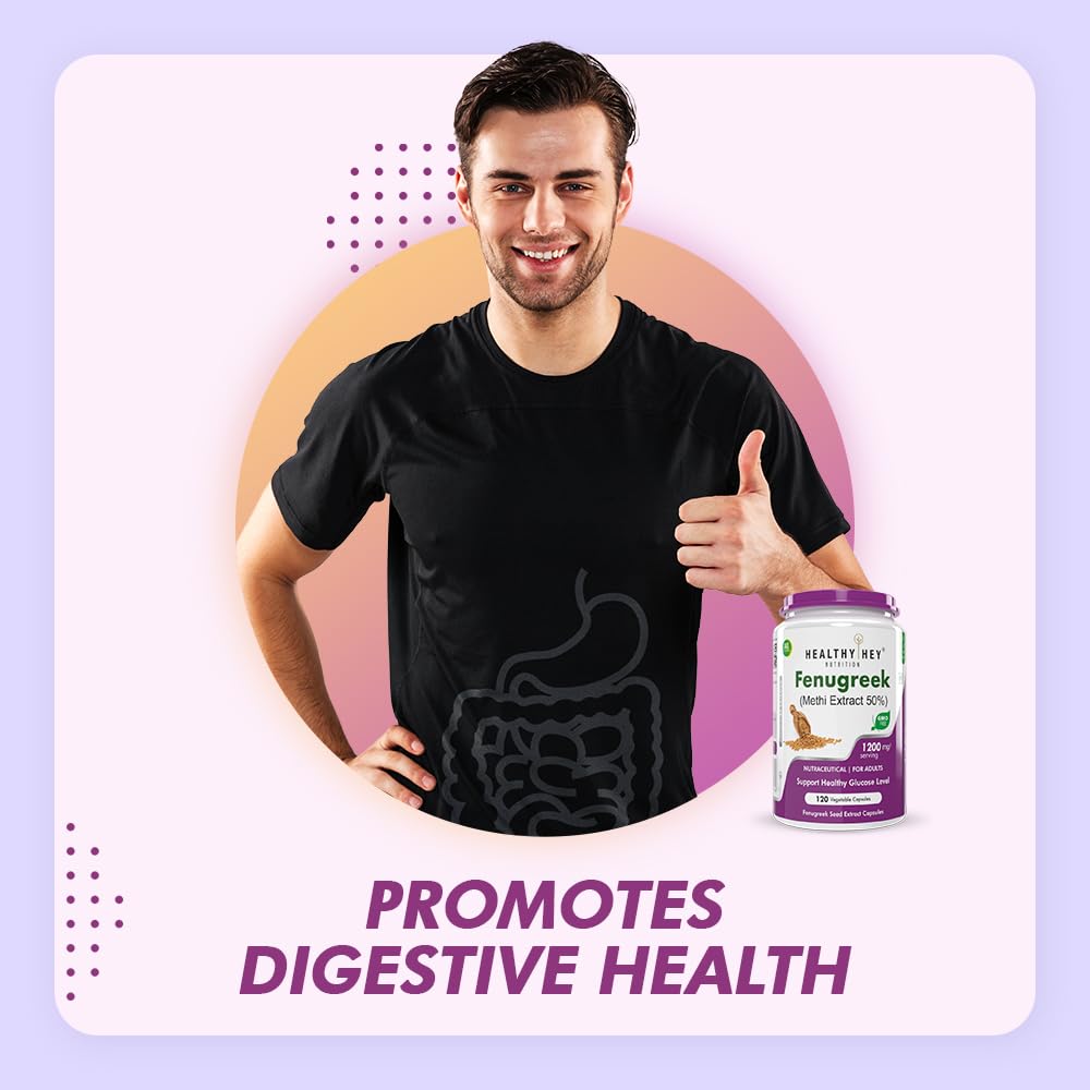 Man giving a thumbs up with a supplement bottle labeled 'Fenugreek' on a light purple background