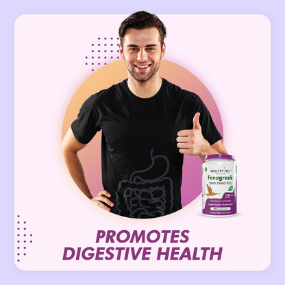 Man giving a thumbs up with a supplement bottle labeled 'Fenugreek' on a light purple background