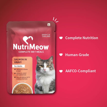 NutriMeow Salmon in Gravy Adult Cat Wet Food - 80gm | Delicious & Healthy Cat Pouch | Protein-Packed, Nutritious & Balanced Meal | Suitable for Persian Cats & All Breeds