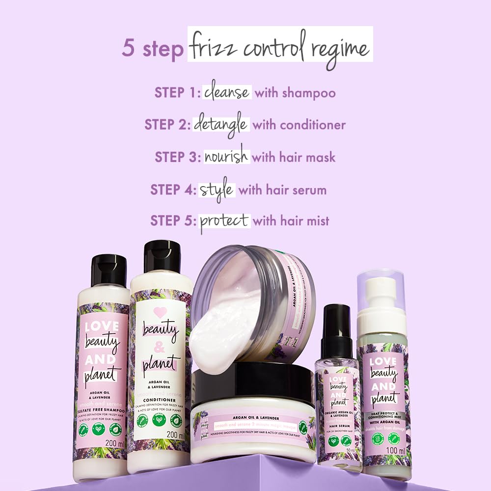 Set of hair care products with a 5-step frizz control regime on a purple background