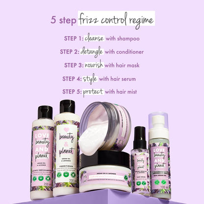 Set of hair care products with a 5-step frizz control regime on a purple background