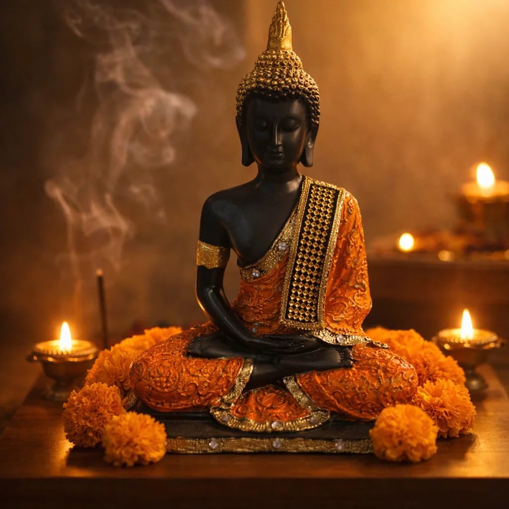 9 Inch Resin Meditating Buddha Statue | Handmade Decorative Idol for Home, Living Room, Office, Temple & Spiritual Decor | Black and Orange Gold Murti for Peace, Vastu & Gifting