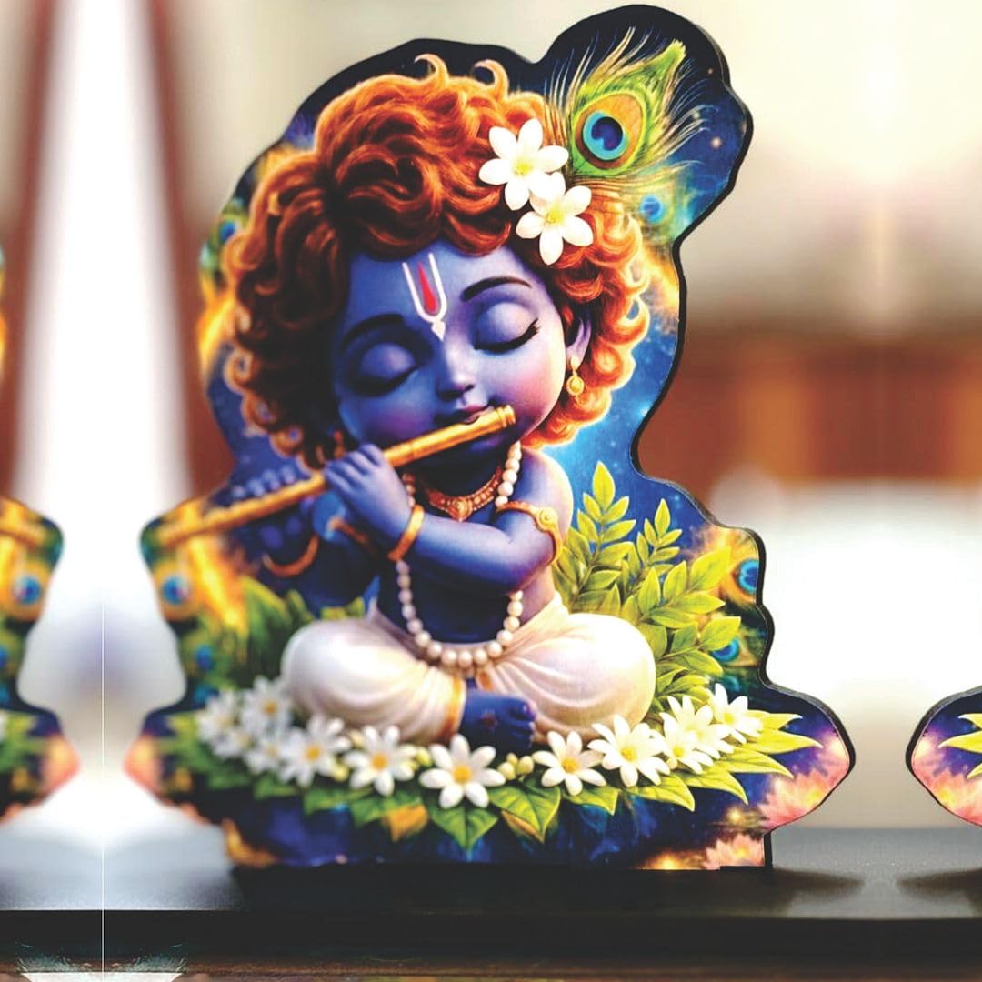 Wooden Bal Krishna Playing Flute | Spiritual Tabletop Showpiece for Home, Office Desk, Temple, Living Room Decor, Religious Gift Item (5.6 x 6 Inch)