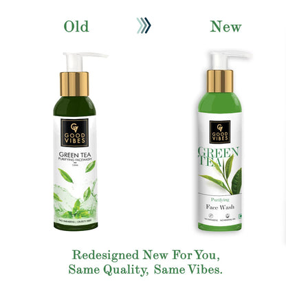 Good Vibes Green Tea Purifying Face Wash, 120 ml Helps Prevent Acne, Dirt Removal Deep Cleansing Natural Antioxidants Formula for All Skin Types, No Parabens & Mineral Oil