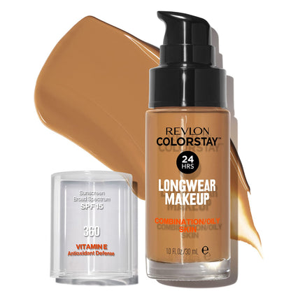 Revlon Liquid Foundation, ColorStay Face Makeup for Combination & Oily Skin, SPF 15, Medium-Full Coverage with Matte Finish, Golden Caramel, 30 ml