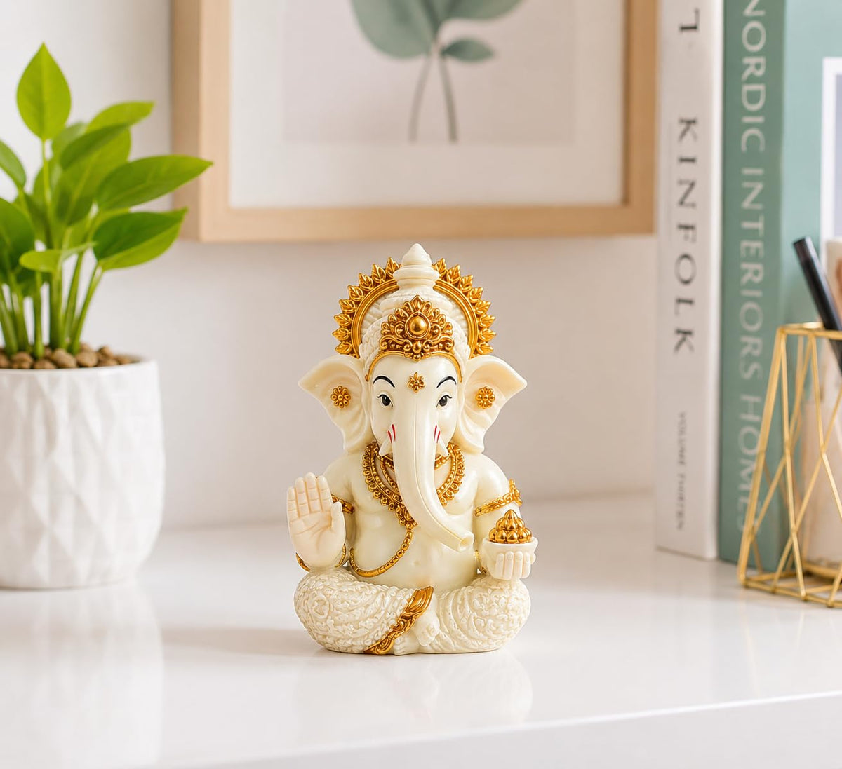 eCraftIndia Peach Ivory Finish Lord Ganesha Statue for Car Dashboard, Home Decor, Office Desk & Puja Room | Ganesh Murti Gift