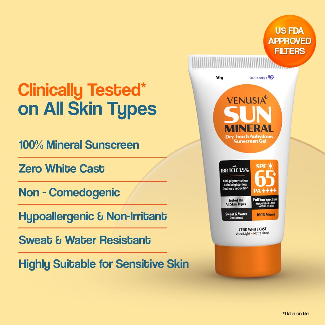 Dr. Reddy's Venusia Mineral Sunscreen SPF 65 | Full Spectrum Protection - UVA, UVB, Blue Light, Visible Light | Dermatologist Recommended | For Anti-pigmentation | Sun Damage Repair | Suitable for All Skin Types | 50g